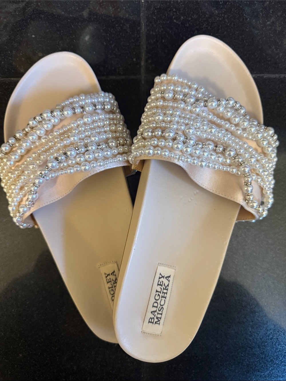 Badgley Mischka Pearl-Embellished Cream Satin Slide Mules